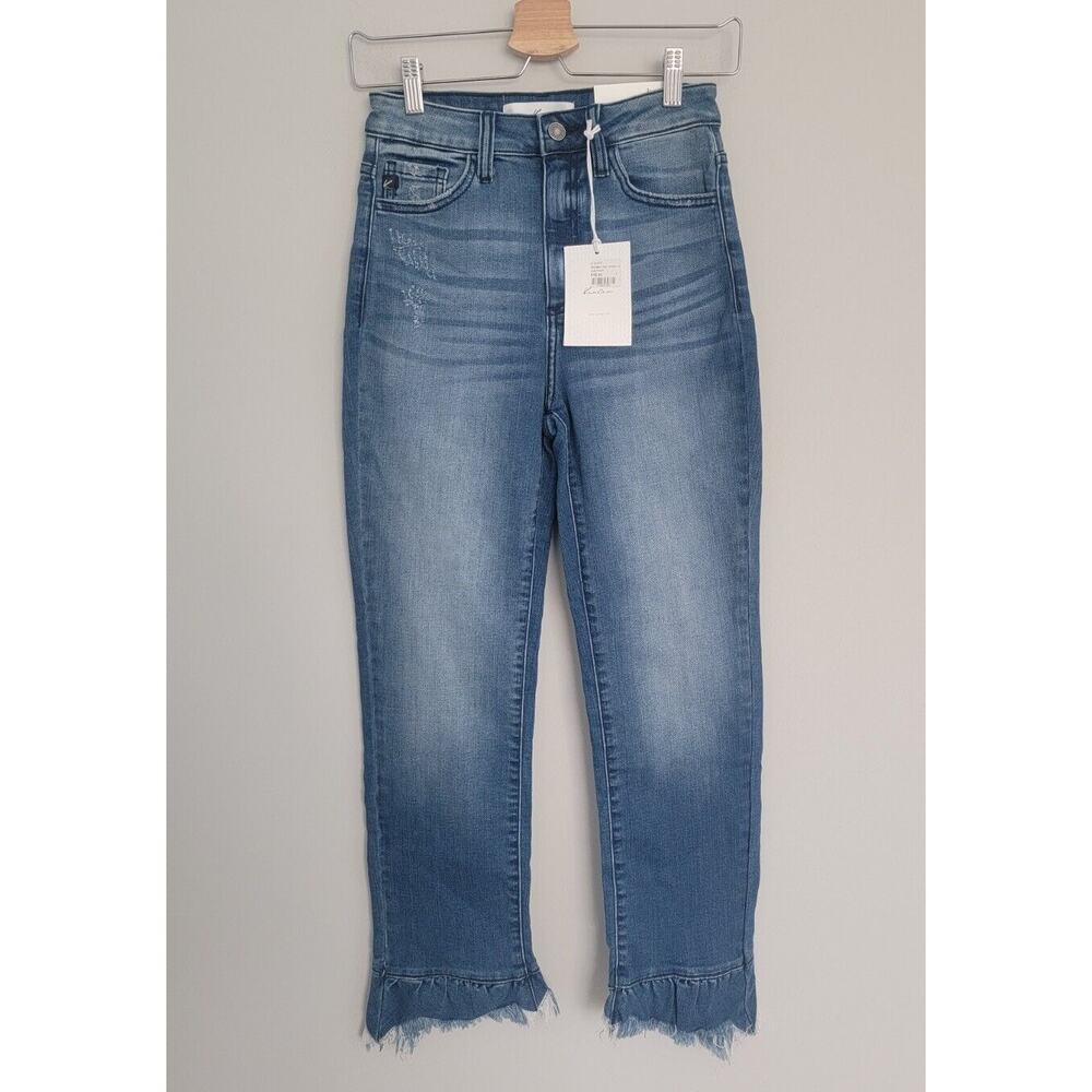 NWT KanCan Womens Jeans 3/25 High Rise Ruffle Raw Hem Medium Wash